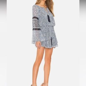 ALEXIS Intermix *Lanelle* blue embroidered navy dot print dress w tassels XS